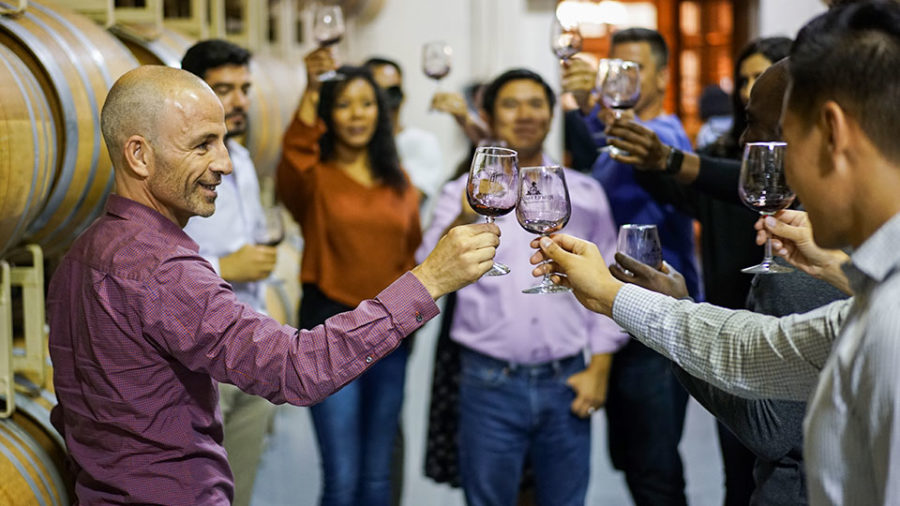 Group toasting during wine tour